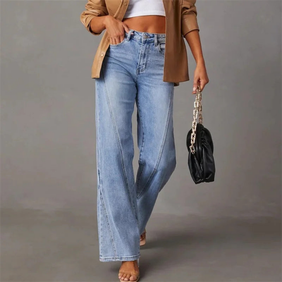 Women's High Waisted Straight Leg Denim Jeans – Front Seam Five Pocket Casual