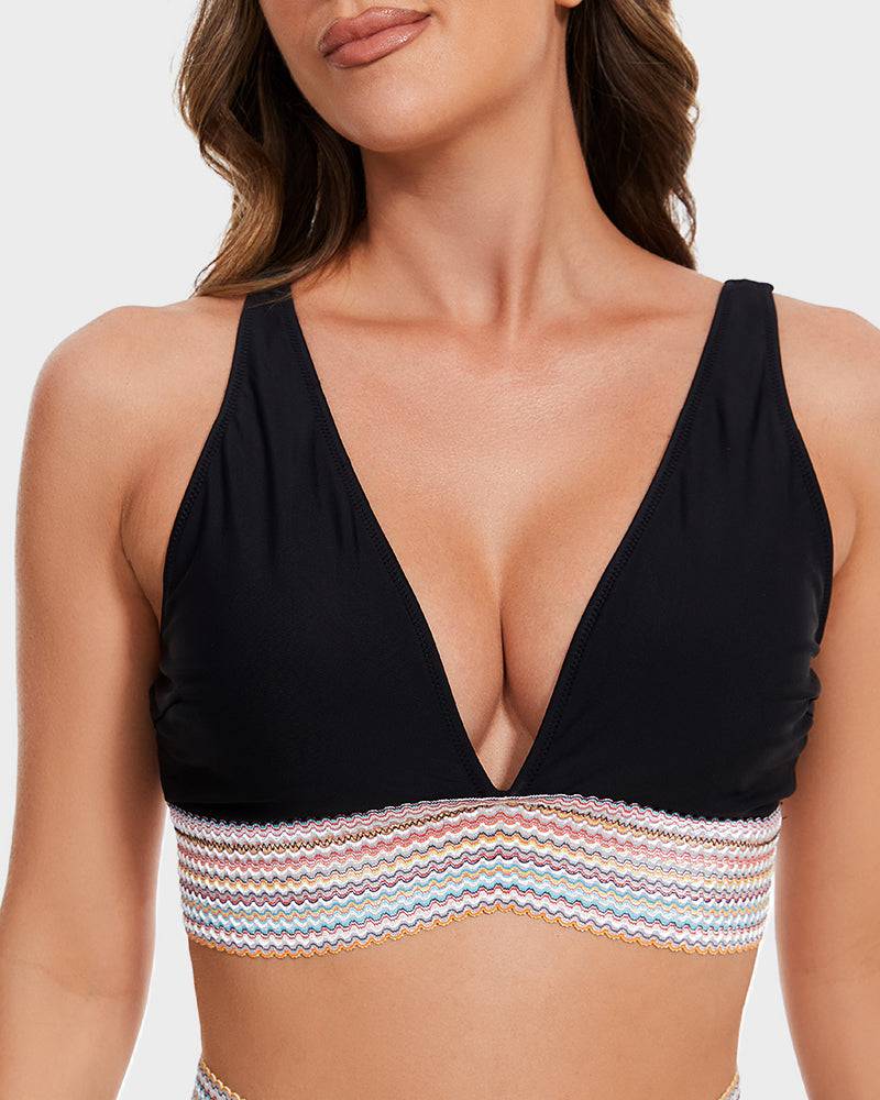 Women's High Waisted Striped Trim Bikini Set – Halter V Neck Ruched Bottom Beach