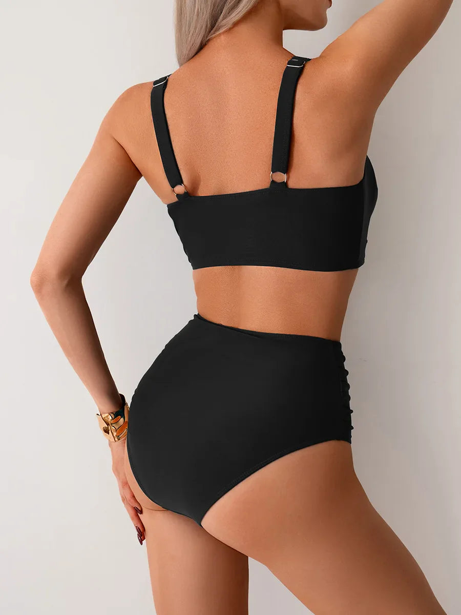 Women's High Waisted Twist Front Bikini – V Neck Ruched Two Piece Swimsuit