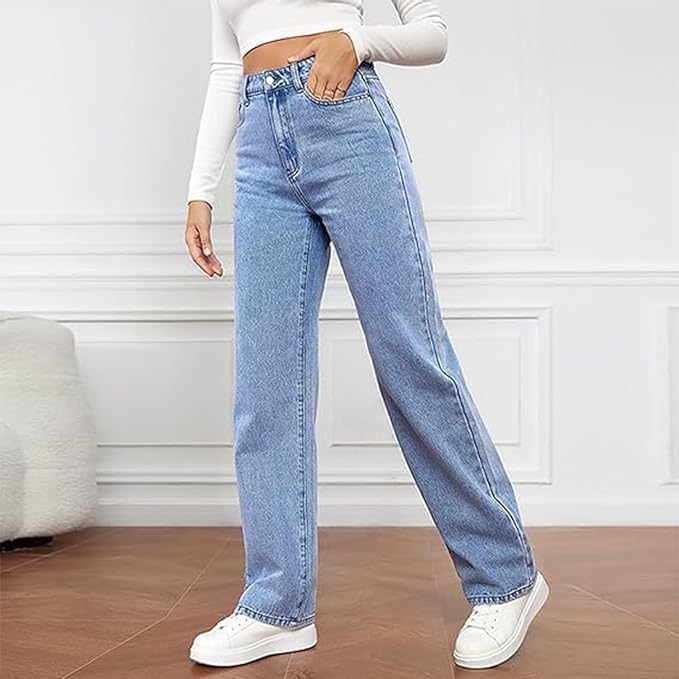 Women's High Waisted Wide Leg Denim Jeans – 5 Pocket Straight Fit Casual