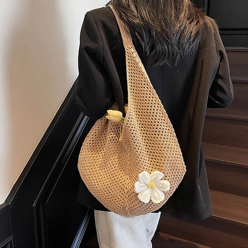 Women's Hollow Weave Crochet Shoulder Bag – Flower Appliqué Hobo Beach Summer