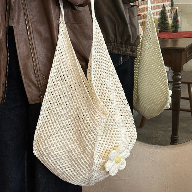 Women's Hollow Weave Crochet Shoulder Bag – Flower Appliqué Hobo Beach Summer