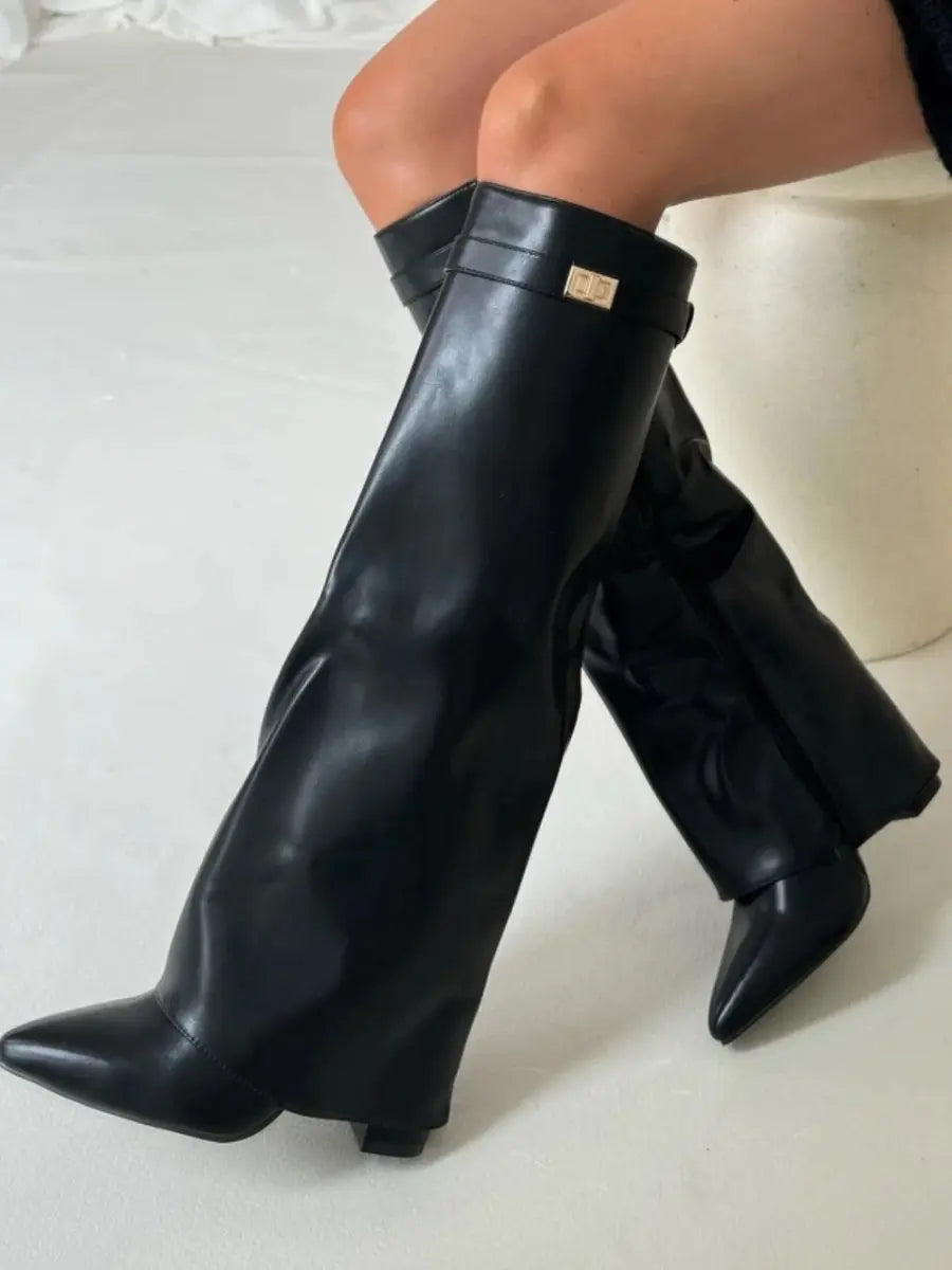 Women's Knee High Boots – Pointed Toe Fold Over Wedge Heel Side Zip Casual