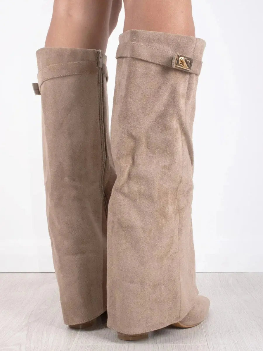 Women's Knee High Boots – Pointed Toe Fold Over Wedge Heel Side Zip Casual