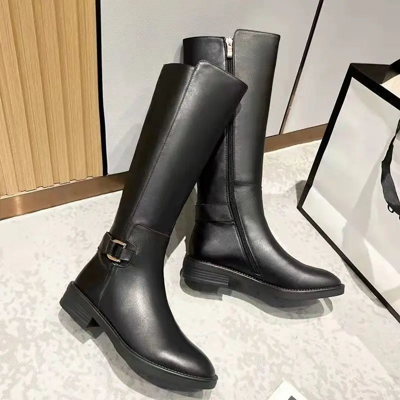 Women's Knee High Boots – Round Toe Buckle Strap Side Zip Block Heel Casual