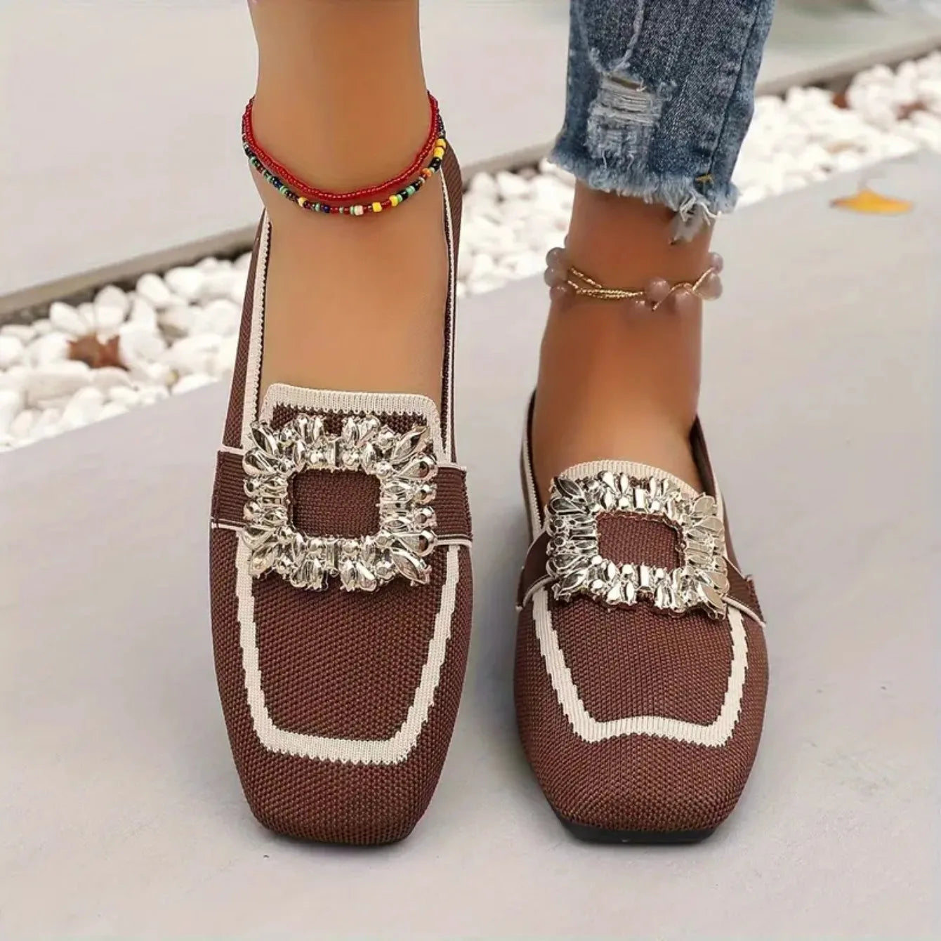 Women's Knit Colorblock Loafer – Square Toe Crystal Buckle Slip On Flat