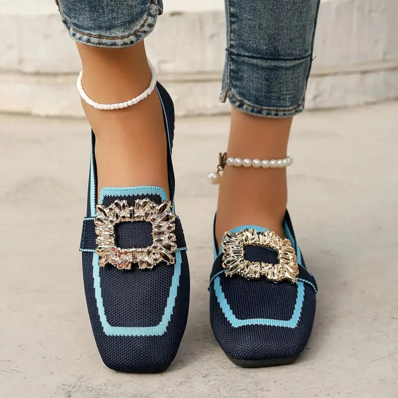 Women's Knit Colorblock Loafer – Square Toe Crystal Buckle Slip On Flat