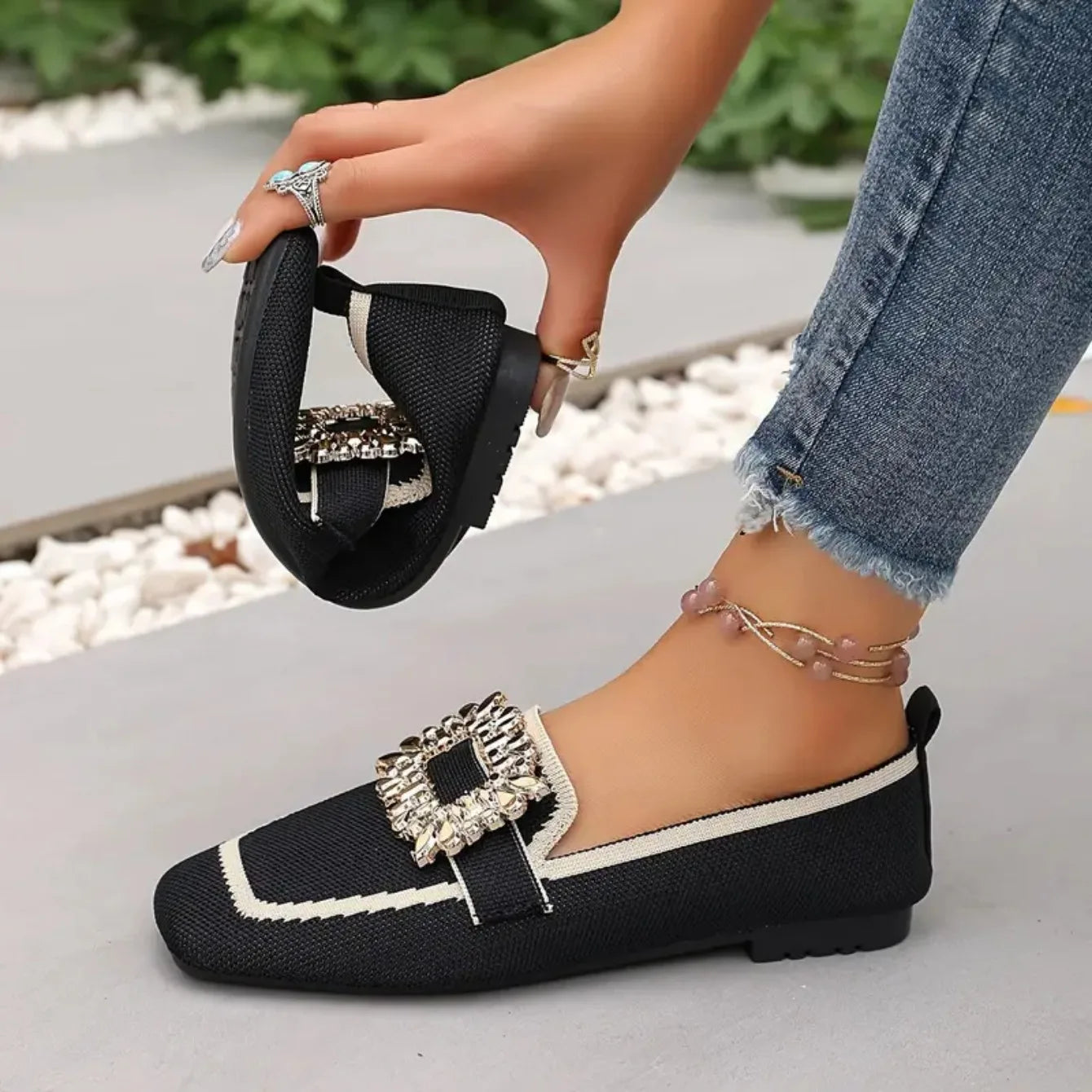 Women's Knit Colorblock Loafer – Square Toe Crystal Buckle Slip On Flat
