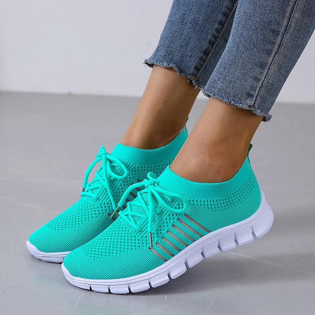 Women's Knit Mesh Lace-Up Sneakers – Side Stripe Casual Athletic Walking