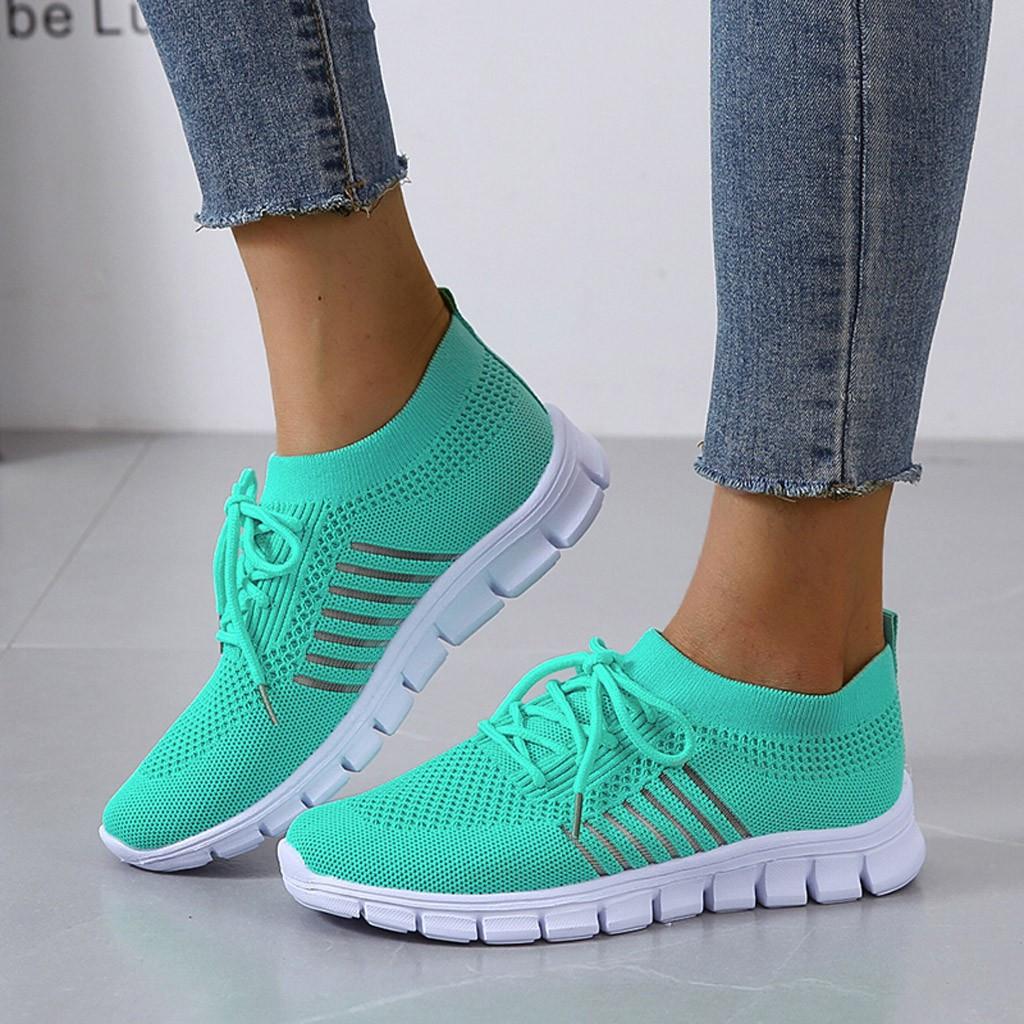 Women's Knit Mesh Lace-Up Sneakers – Side Stripe Casual Athletic Walking