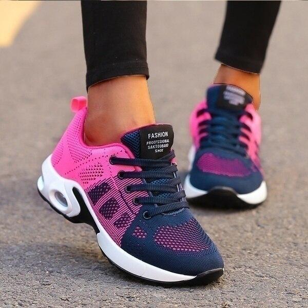 Women's Knit Mesh Running Sneakers – Lace Up Air Cushion Sole Colorblock