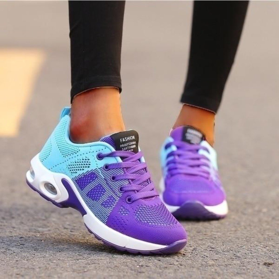 Women's Knit Mesh Running Sneakers – Lace Up Air Cushion Sole Colorblock