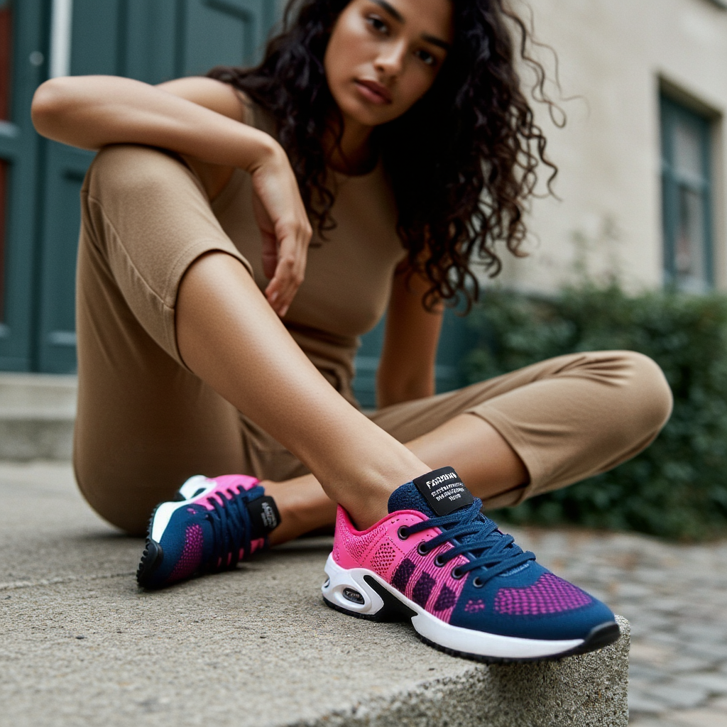 Women's Knit Mesh Running Sneakers – Lace Up Air Cushion Sole Colorblock