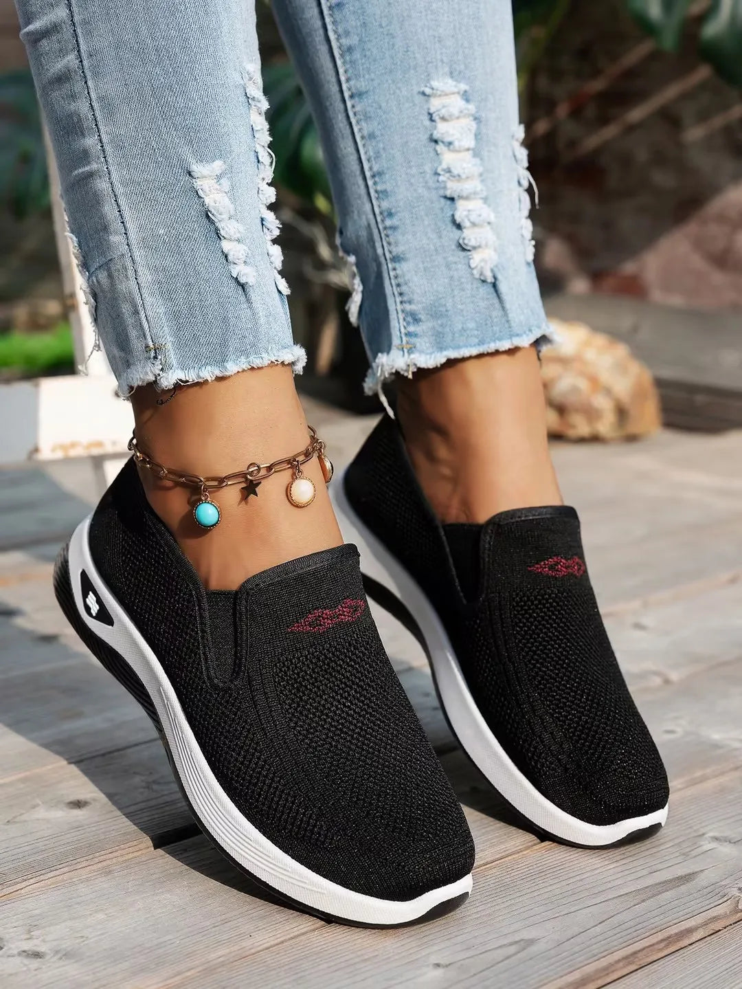 Women's Knit Slip-On Sneakers – Closed Toe Low Top Walking Casual Shoes