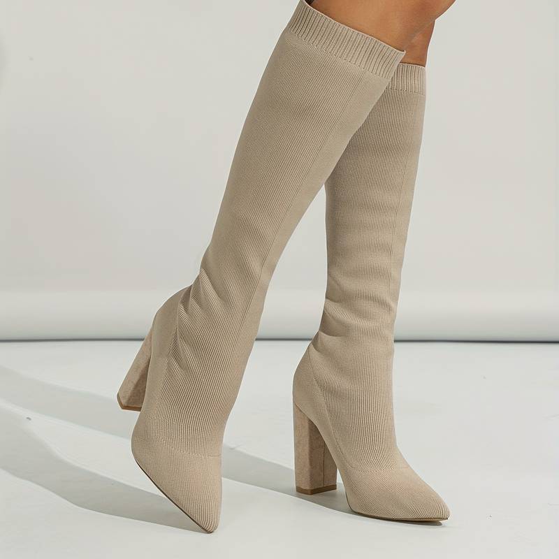 Women's Knit Sock Knee High Boots – Pointed Toe Block Heel Slip On Casual