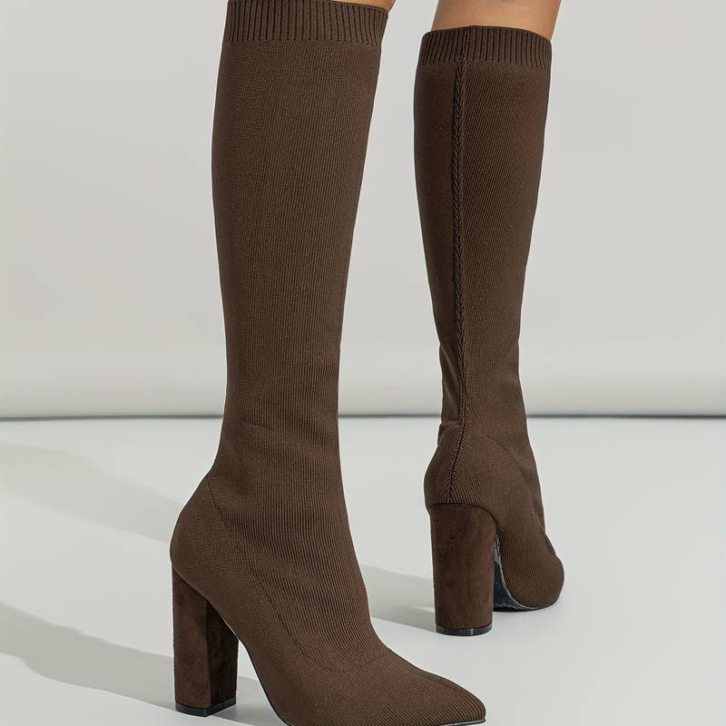 Women's Knit Sock Knee High Boots – Pointed Toe Block Heel Slip On Casual