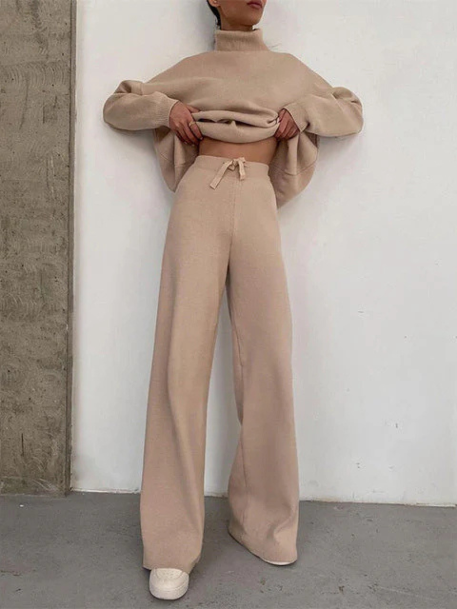 Women's Knit Turtleneck Sweater and Wide Leg Pants – Oversized Lounge 2 Piece Set