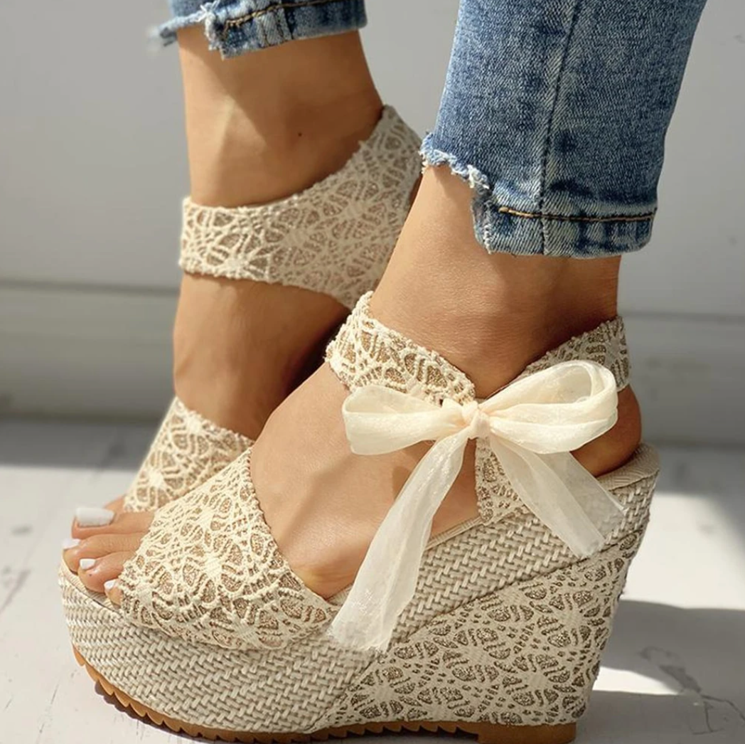 Women's Lace Espadrille Wedge Sandals – Open Toe Ankle Strap Bow Summer