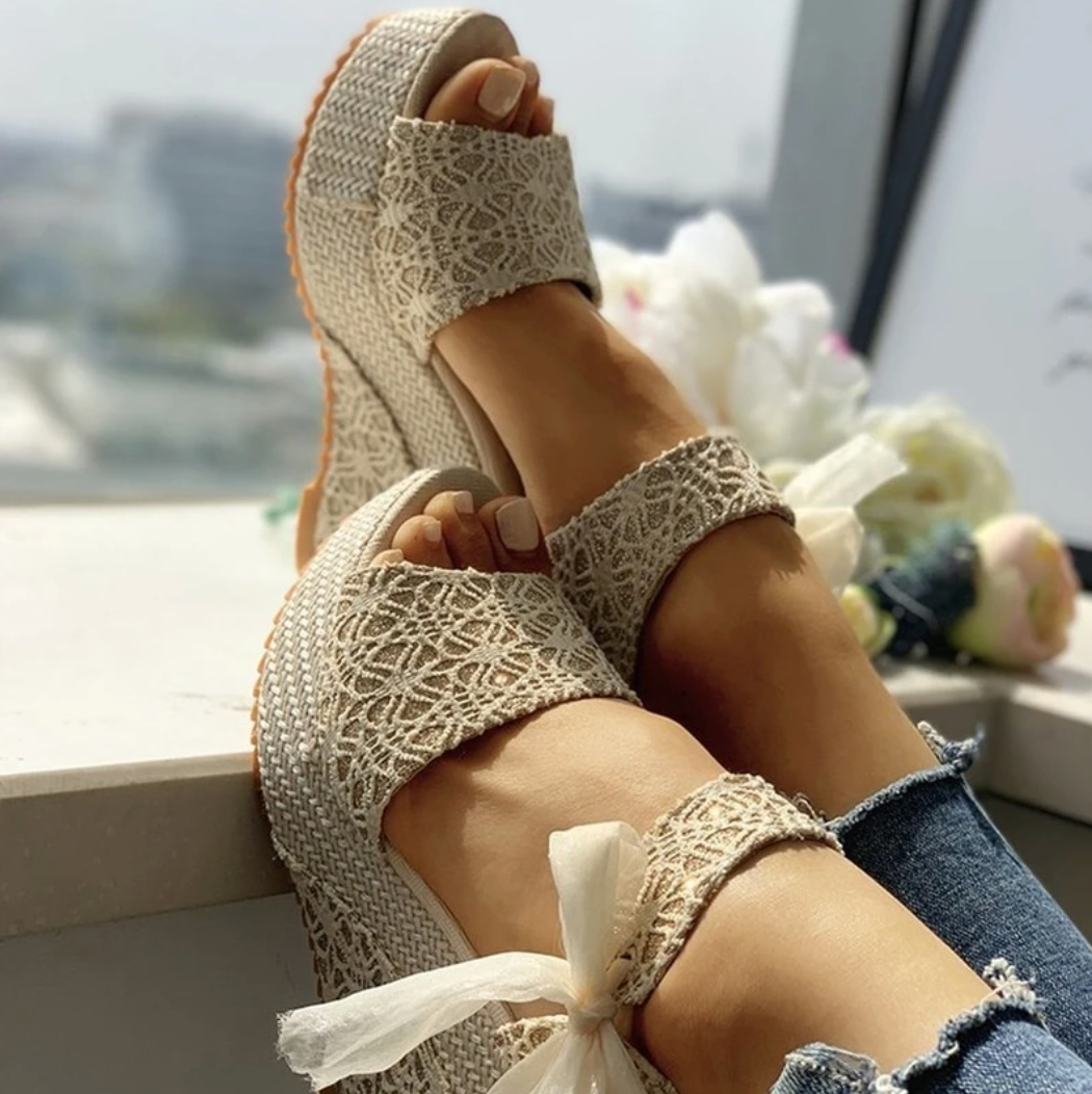 Women's Lace Espadrille Wedge Sandals – Open Toe Ankle Strap Bow Summer