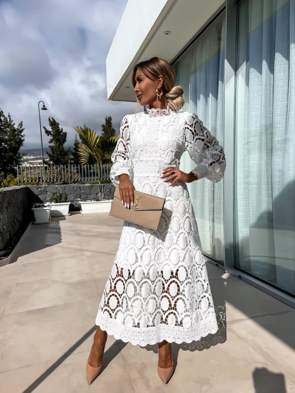 Women's Lace Midi Dress – High Neck Puff Sleeve A-Line Wedding Guest