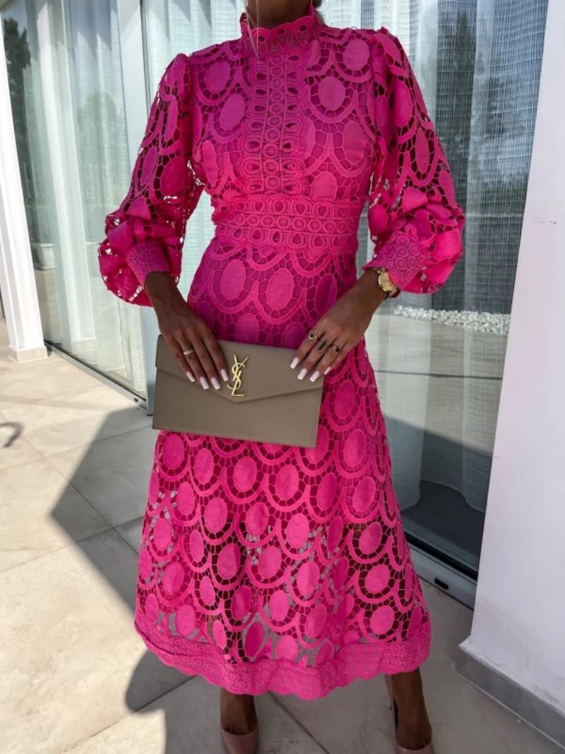 Women's Lace Midi Dress – High Neck Puff Sleeve A-Line Wedding Guest