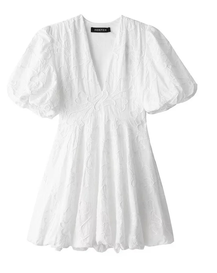 Women's Lace Mini Dress – V Neck Puff Sleeve Bubble Hem Wedding Guest