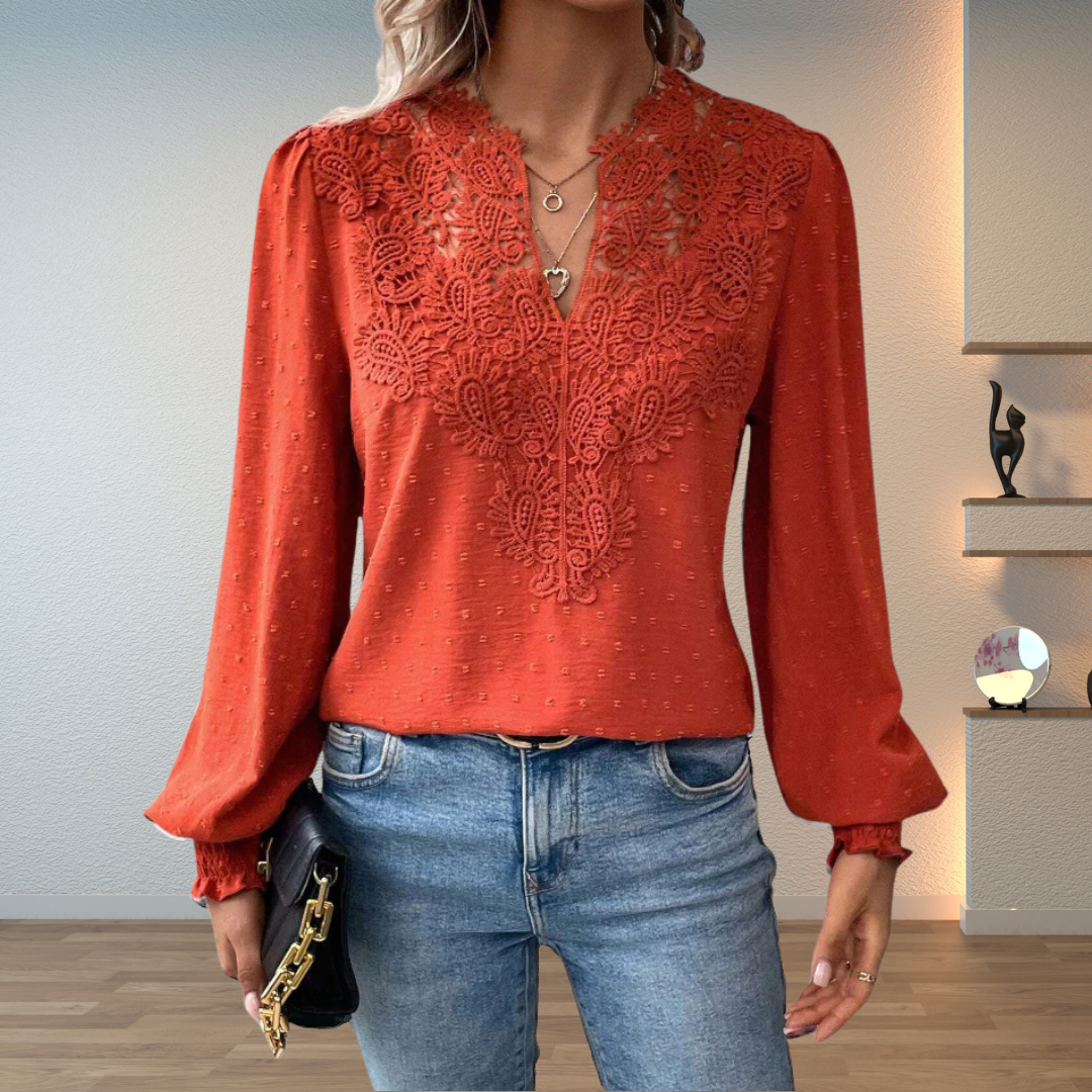 Women's Lace Panel Blouse – V Neck Swiss Dot Long Sleeve Casual Daytime