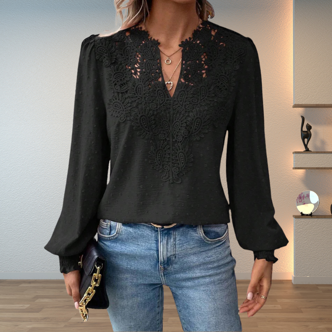Women's Lace Panel Blouse – V Neck Swiss Dot Long Sleeve Casual Daytime