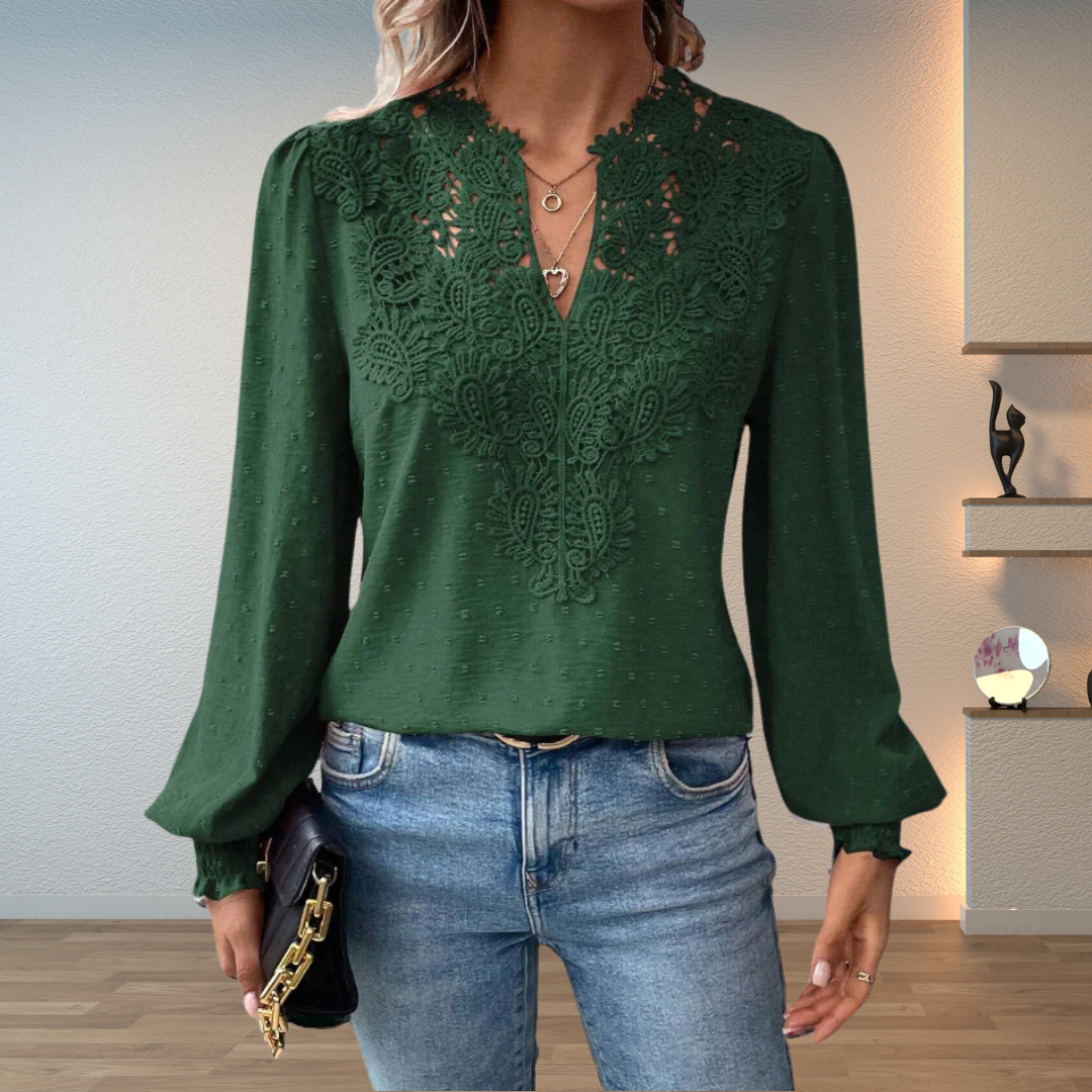 Women's Lace Panel Blouse – V Neck Swiss Dot Long Sleeve Casual Daytime