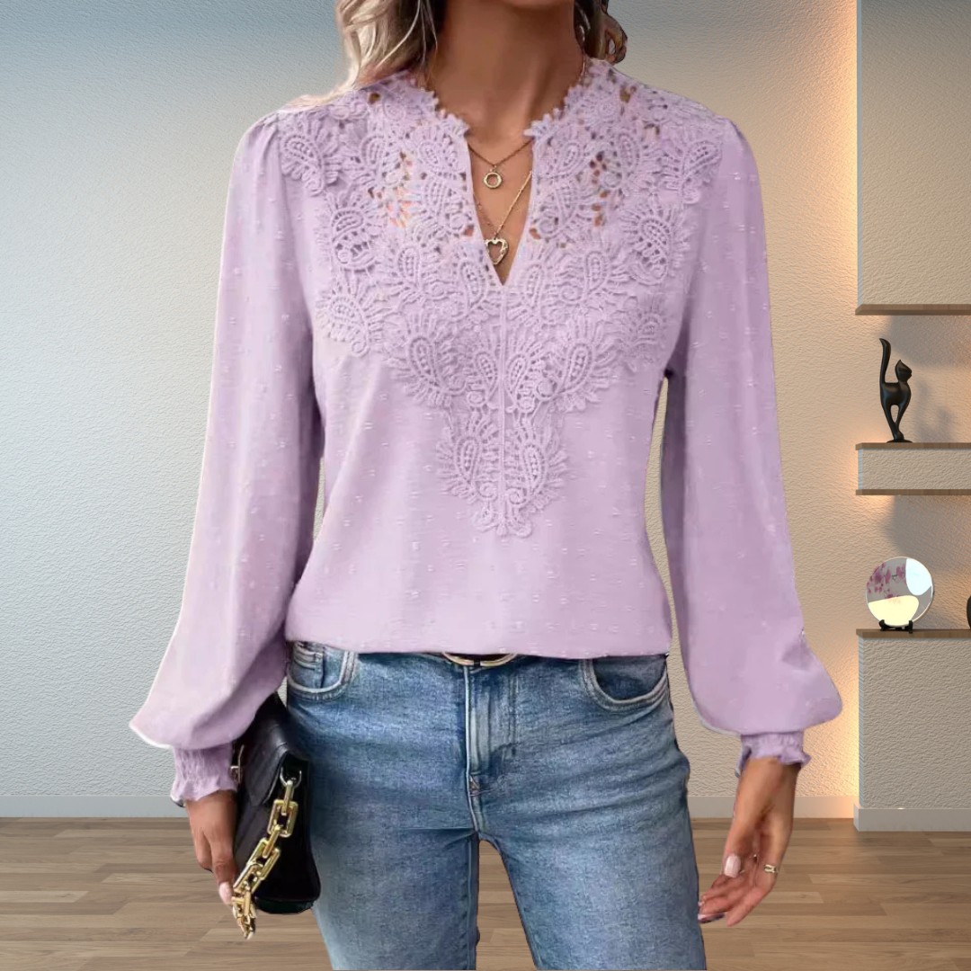 Women's Lace Panel Blouse – V Neck Swiss Dot Long Sleeve Casual Daytime