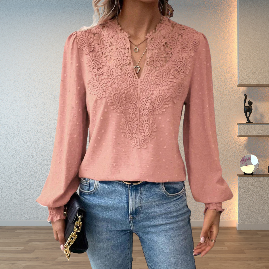 Women's Lace Panel Blouse – V Neck Swiss Dot Long Sleeve Casual Daytime
