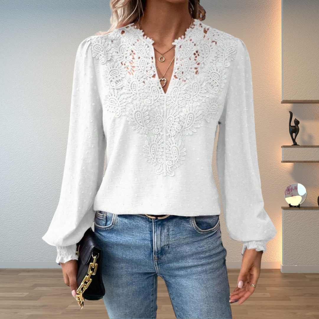 Women's Lace Panel Blouse – V Neck Swiss Dot Long Sleeve Casual Daytime