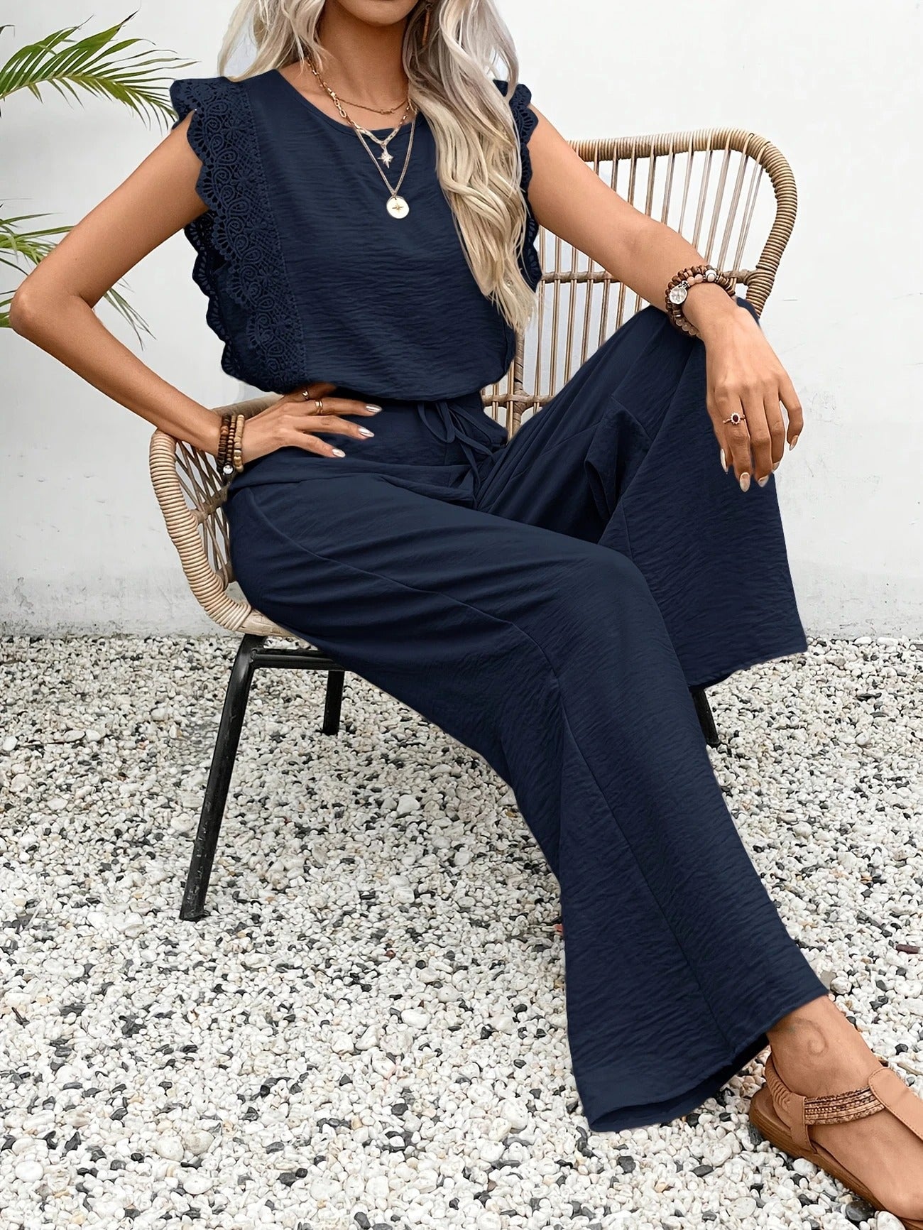 Women's Lace Trim 2 Piece Set – Sleeveless Top Wide Leg Pants Summer