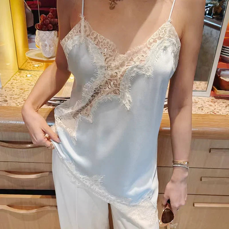 Women's Lace Trim Camisole Top – V Neck Spaghetti Strap Open Back Summer