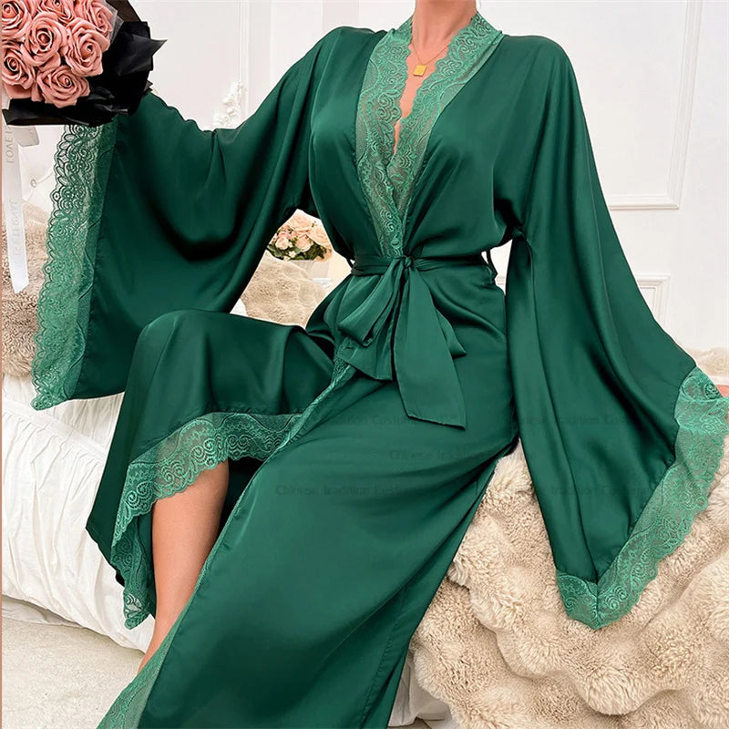 Women's Lace Trim Wrap Kimono Robe – V Neck Long Sleeve Nightwear
