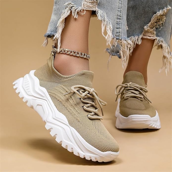 Women's Lace Up Knit Sock Sneakers – Chunky Ridged Sole Casual Walking