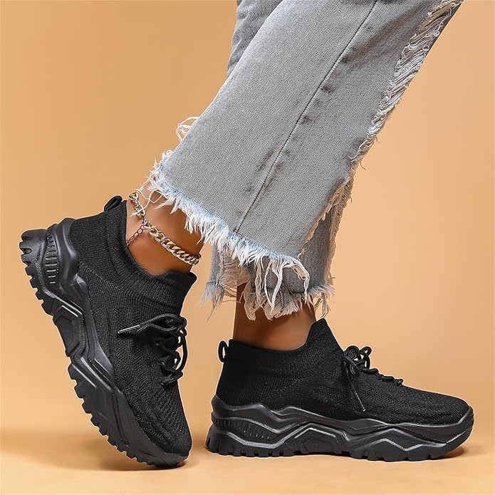 Women's Lace Up Knit Sock Sneakers – Chunky Ridged Sole Casual Walking