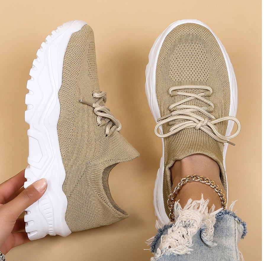 Women's Lace Up Knit Sock Sneakers – Chunky Ridged Sole Casual Walking