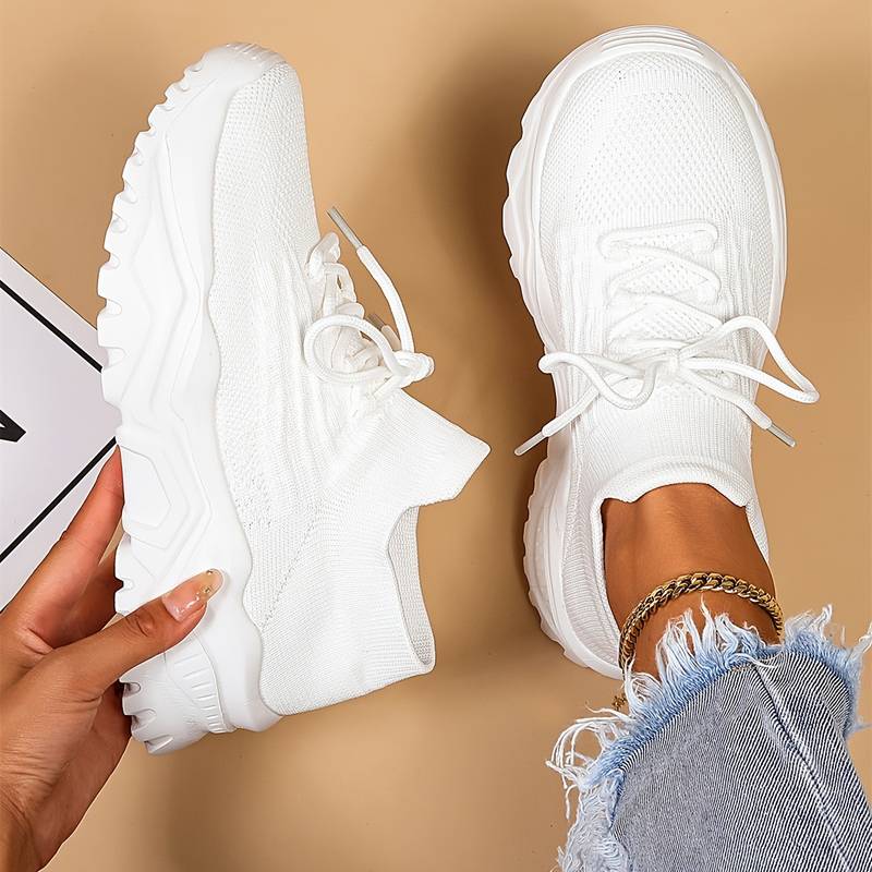 Women's Lace Up Knit Sock Sneakers – Chunky Ridged Sole Casual Walking