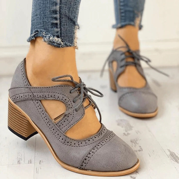 Women's Lace-Up Mary Jane Block Heel Pumps – Brogue Cutout Round Toe