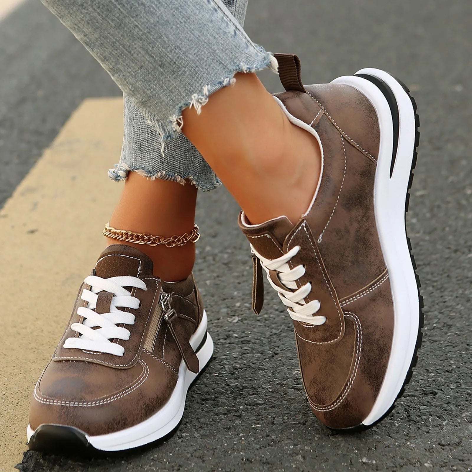 Women's Lace Up Zip Sneakers – Panelled Upper Platform Sole Casual