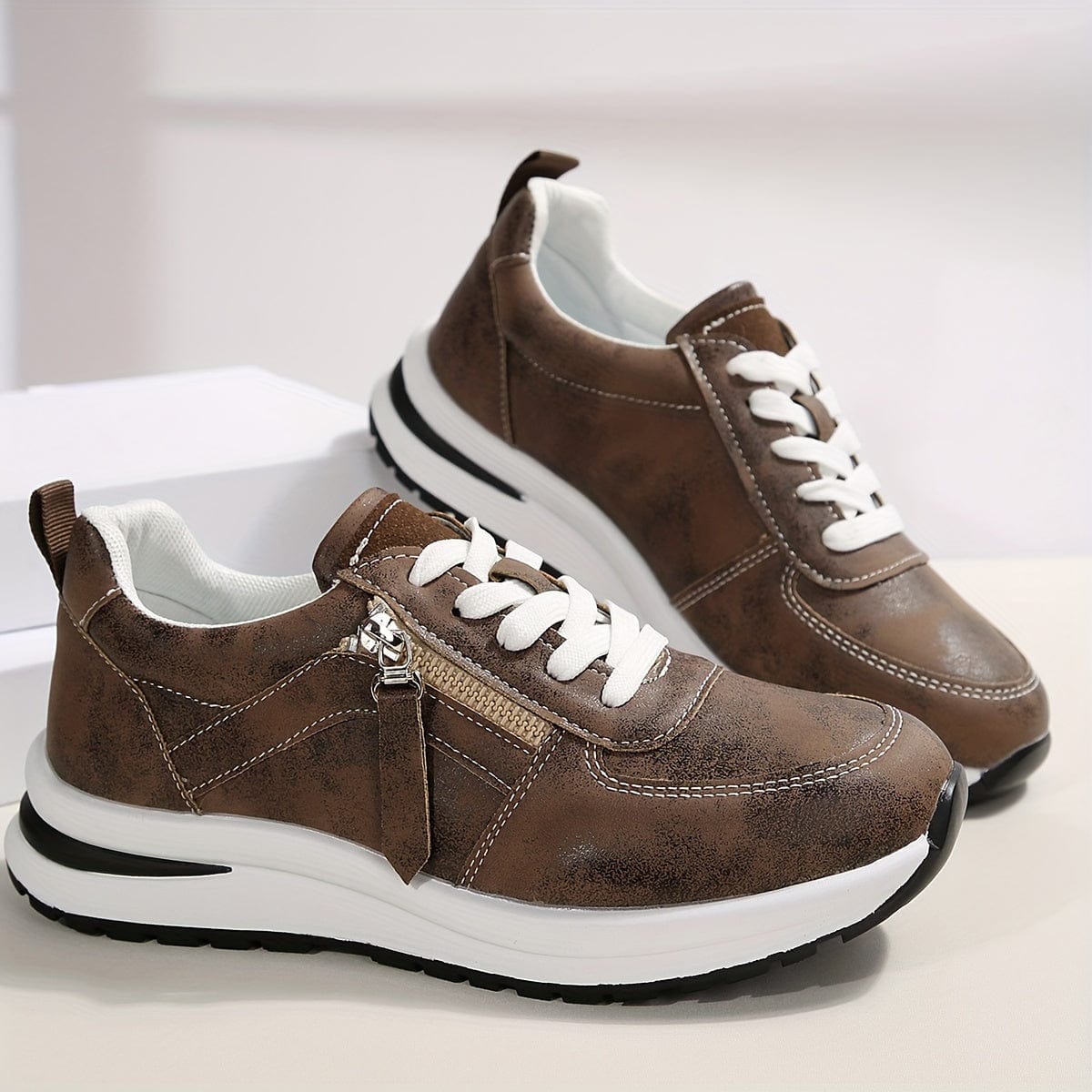 Women's Lace Up Zip Sneakers – Panelled Upper Platform Sole Casual
