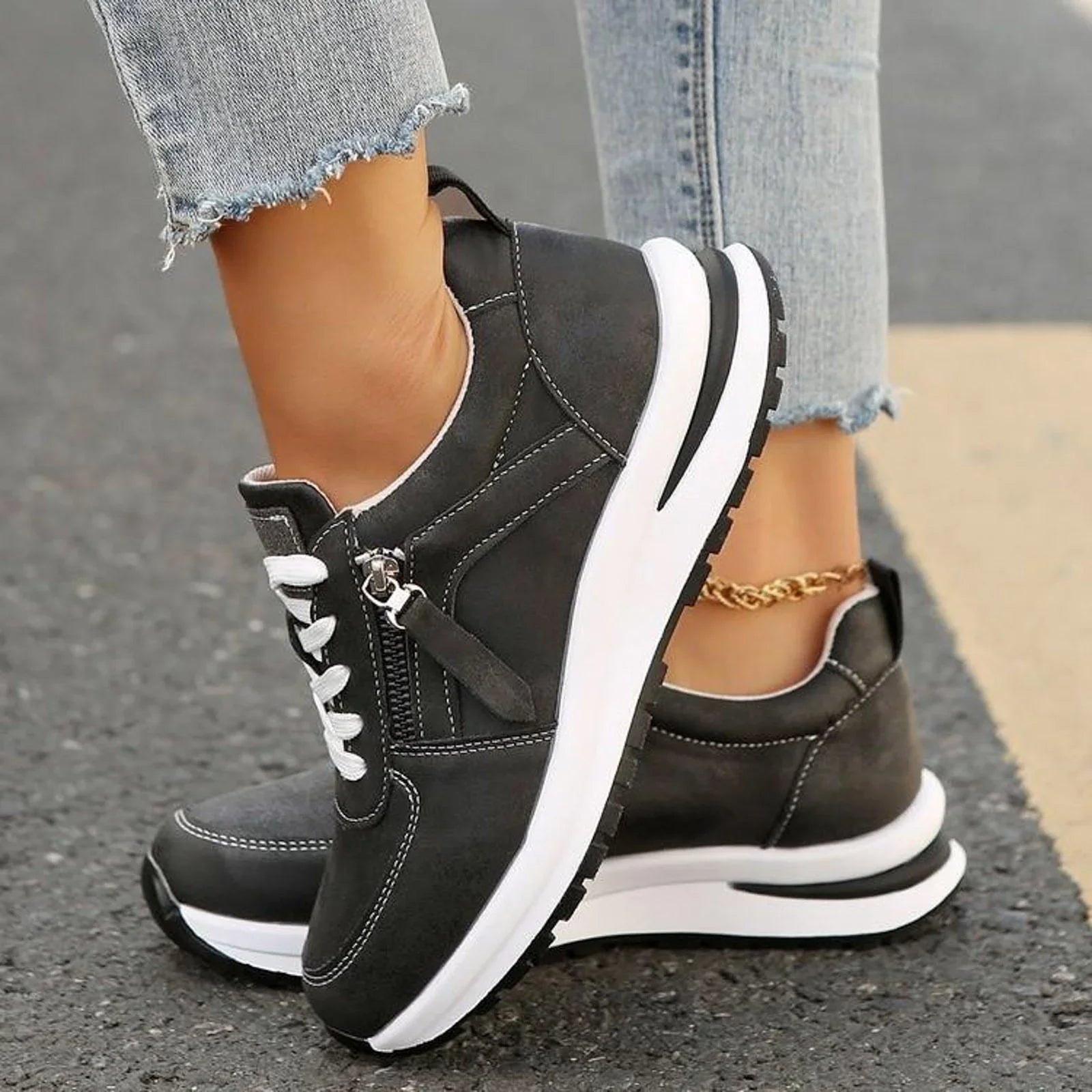 Women's Lace Up Zip Sneakers – Panelled Upper Platform Sole Casual