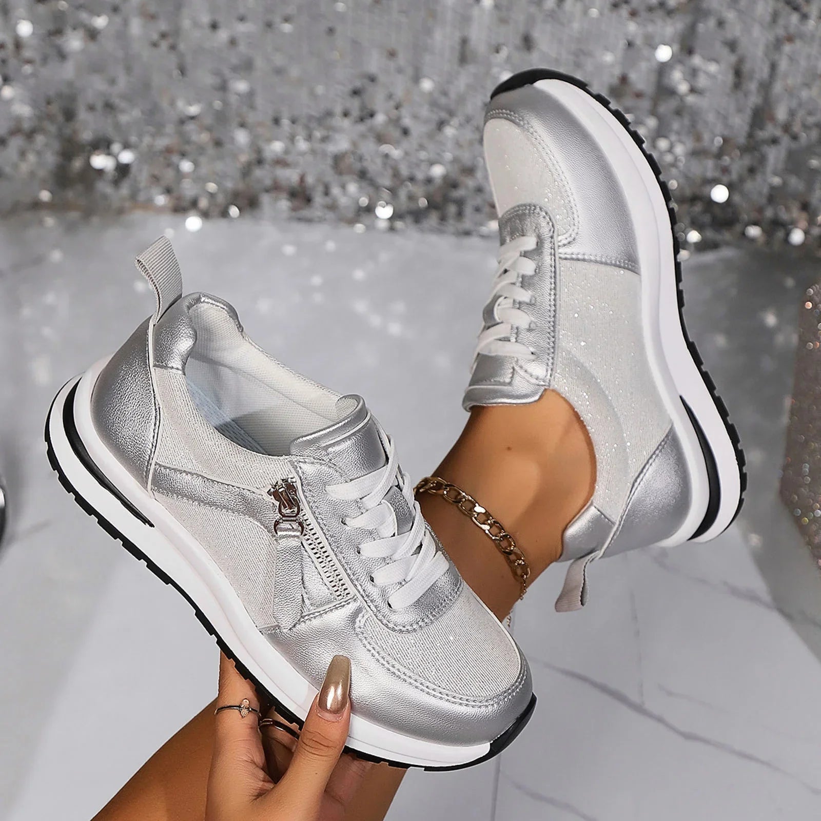 Women's Lace Up Zip Sneakers – Panelled Upper Platform Sole Casual