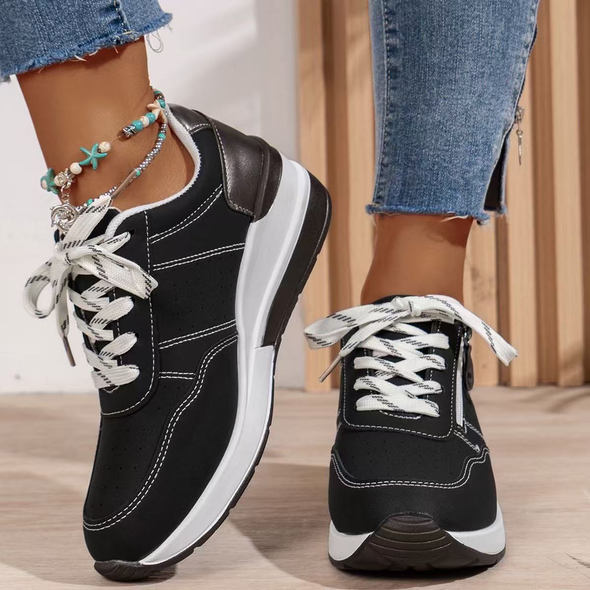 Women's Lace Up Zip Sneakers – Panelled Wedge Platform Sole Casual