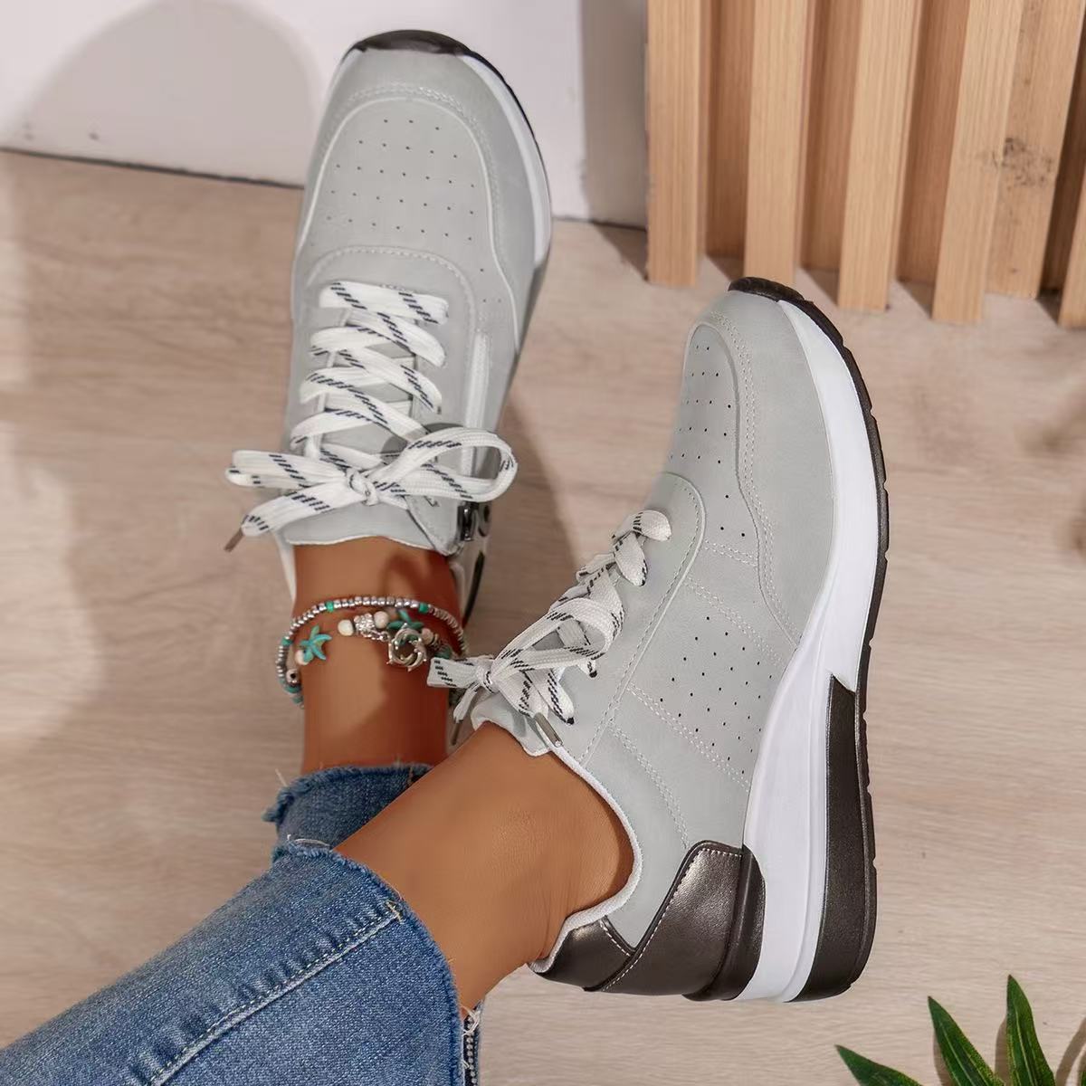 Women's Lace Up Zip Sneakers – Panelled Wedge Platform Sole Casual