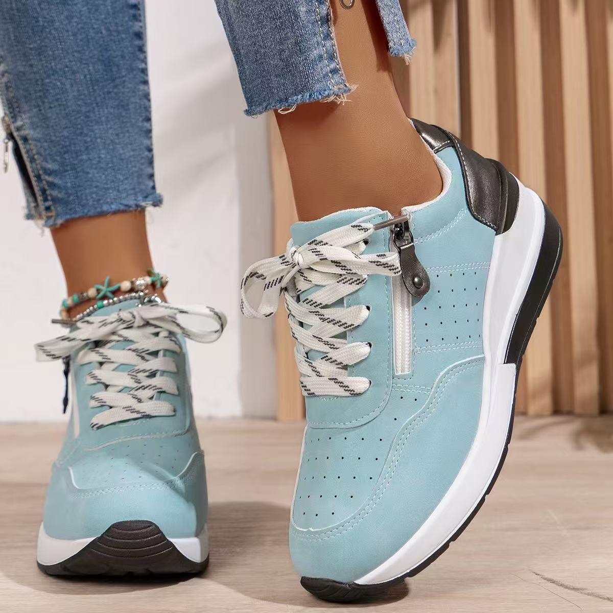 Women's Lace Up Zip Sneakers – Panelled Wedge Platform Sole Casual