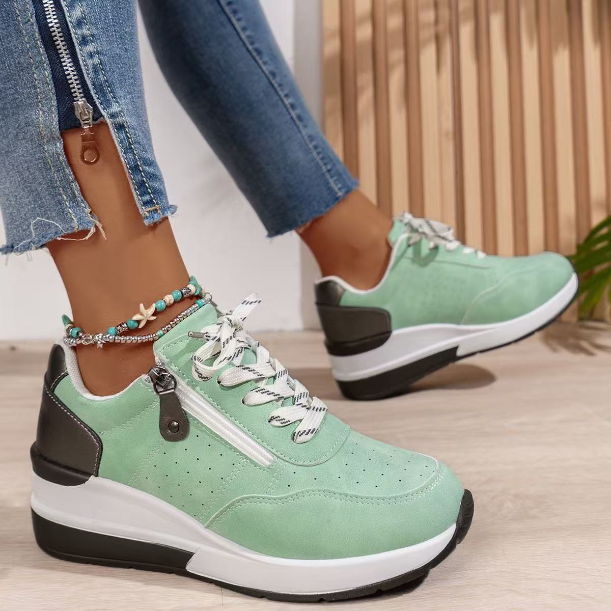 Women's Lace Up Zip Sneakers – Panelled Wedge Platform Sole Casual