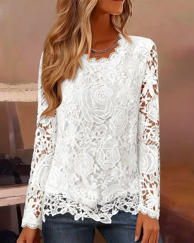 Women's Lace V-Neck Blouse – Long Sleeve Scallop Hem Casual Evening