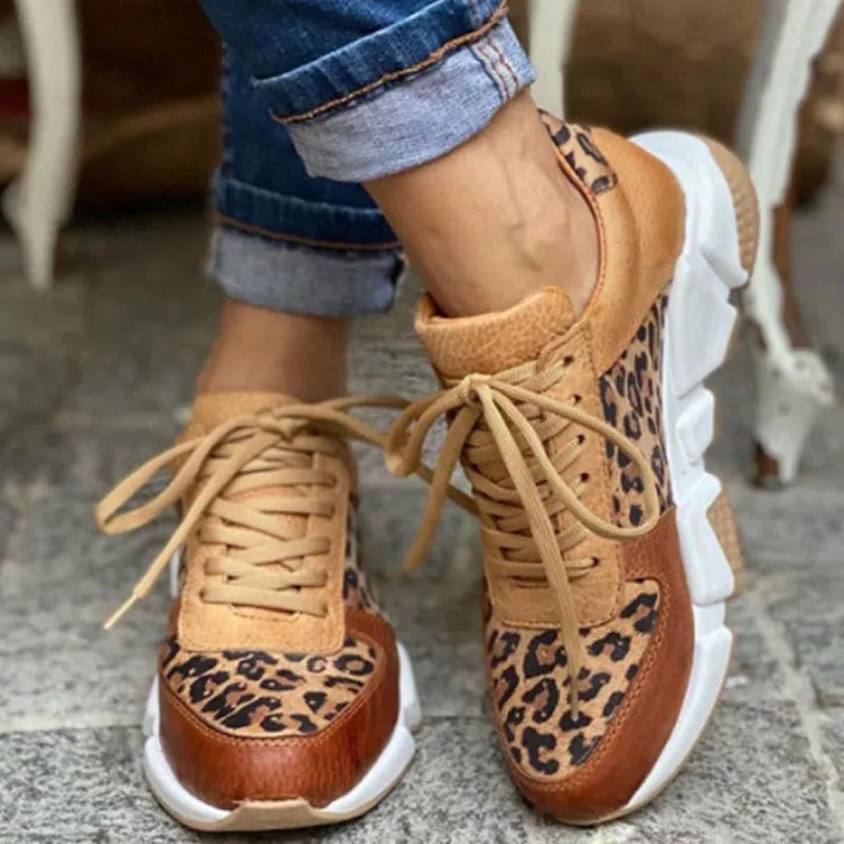 Women's Leopard Print Lace-Up Chunky Sole Sneakers – Color Block Low Top Casual